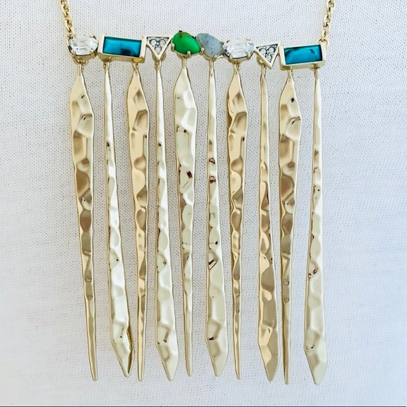 Alexis Bittar Gold Hammer Metal Fringe Gemstone Bar Turquoise Green Necklace - Picture 3 of 12